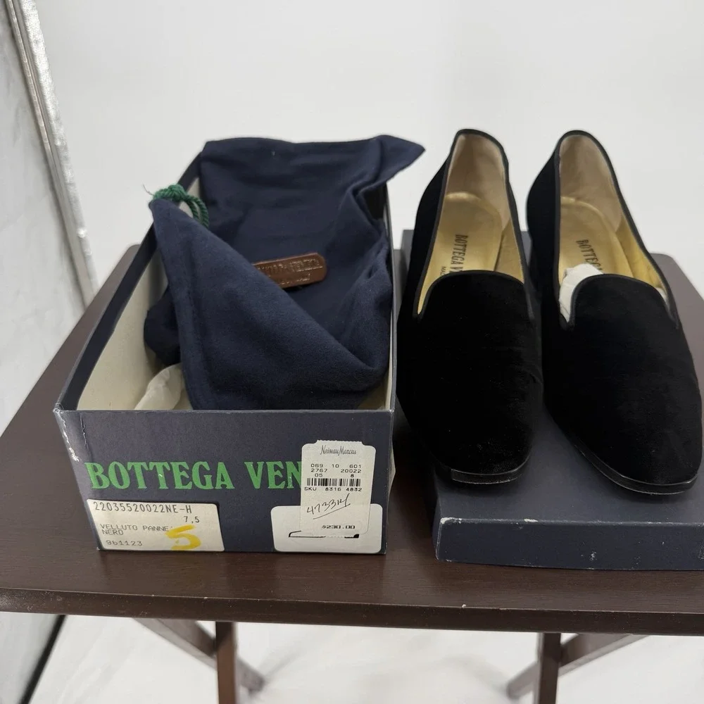 VTG Bottega Veneta‎ Sz 7.5B Black Velvet Classic Low Block Heel W/ Box & Dustbag
